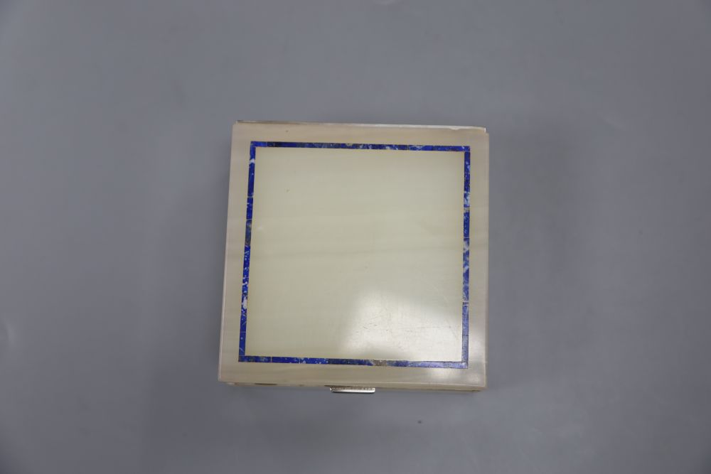 A white marble silver mounted box, inlaid with a lapis lazuli, width 10cm depth 10cm